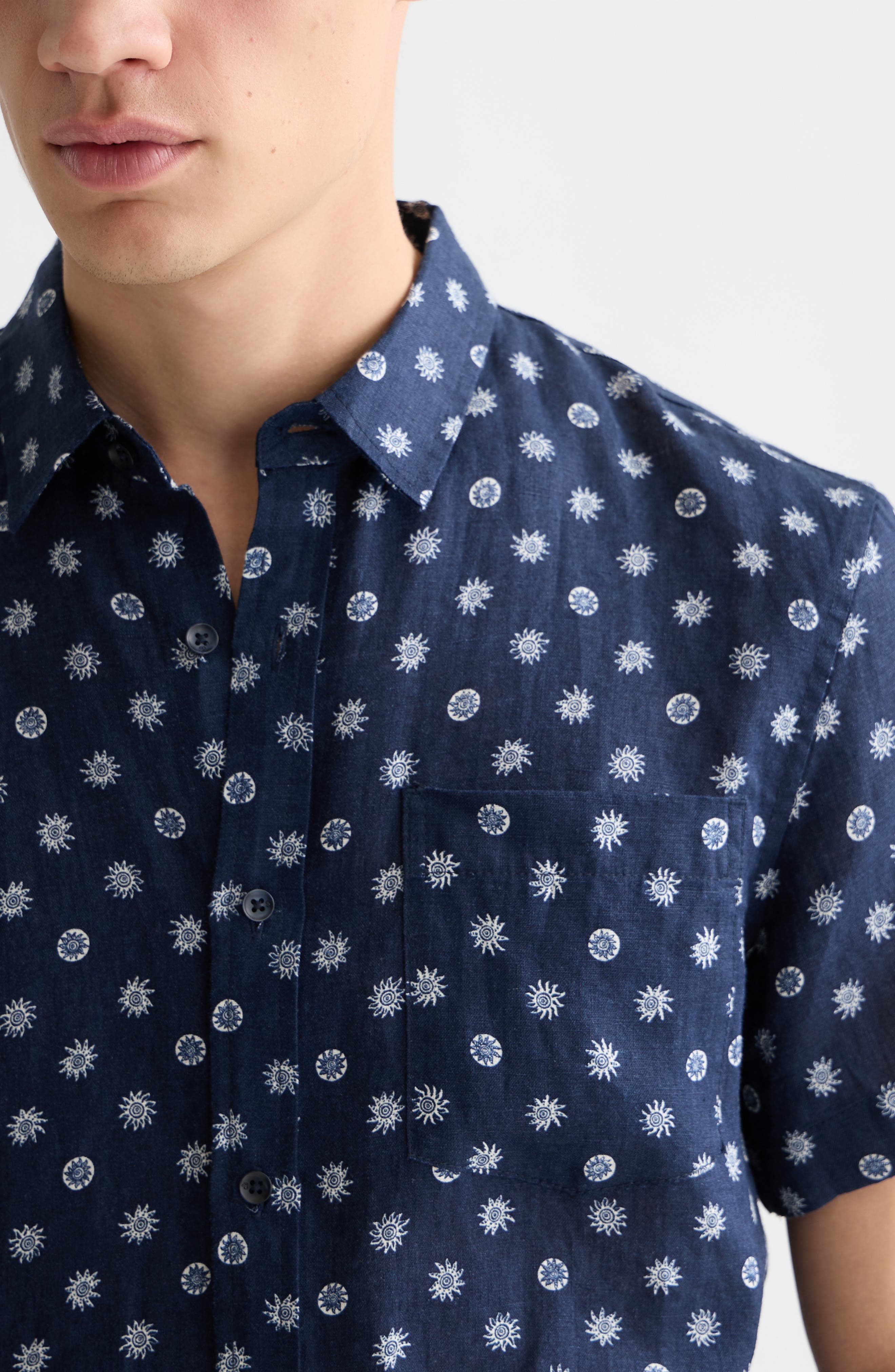 Star Flower Print Short Sleeve Linen Button-Up Shirt - image 2