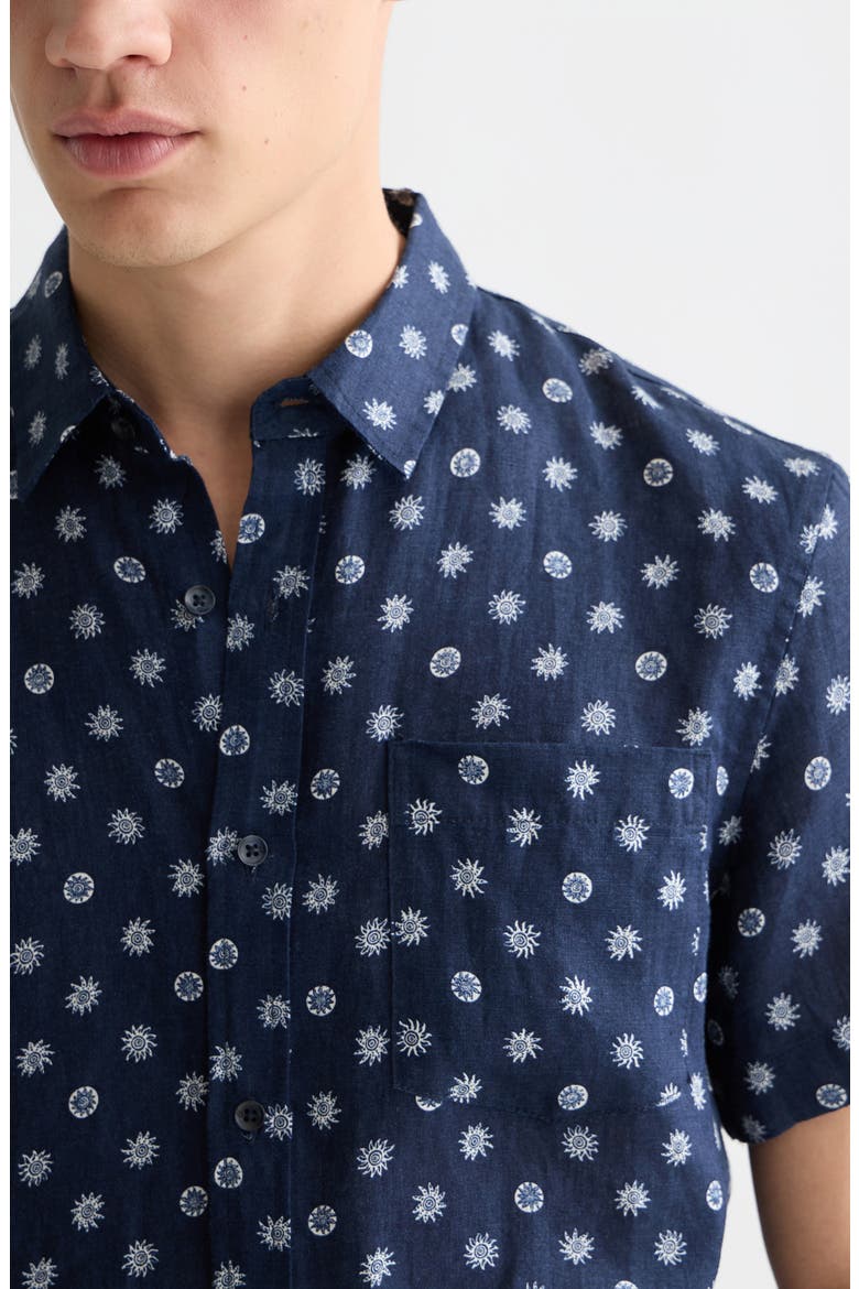 Star Flower Print Short Sleeve Linen Button-Up Shirt, Alternate, color, FOULARD DRESS BLUES