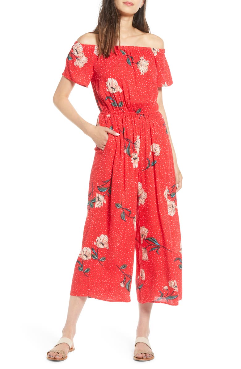 Love, Fire Floral & Polka Dot Off the Shoulder Jumpsuit, Main, color, 
