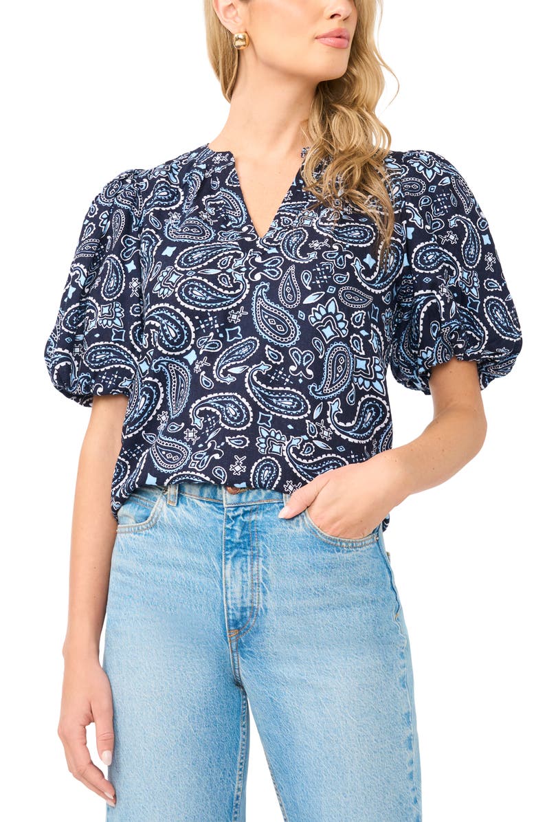 Vince Camuto Paisley Puff Sleeve Organdy Top, Main, color, Classic Navy