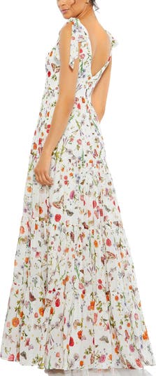 Floral Print Sleeveless Soft Tie Shoulder Gown