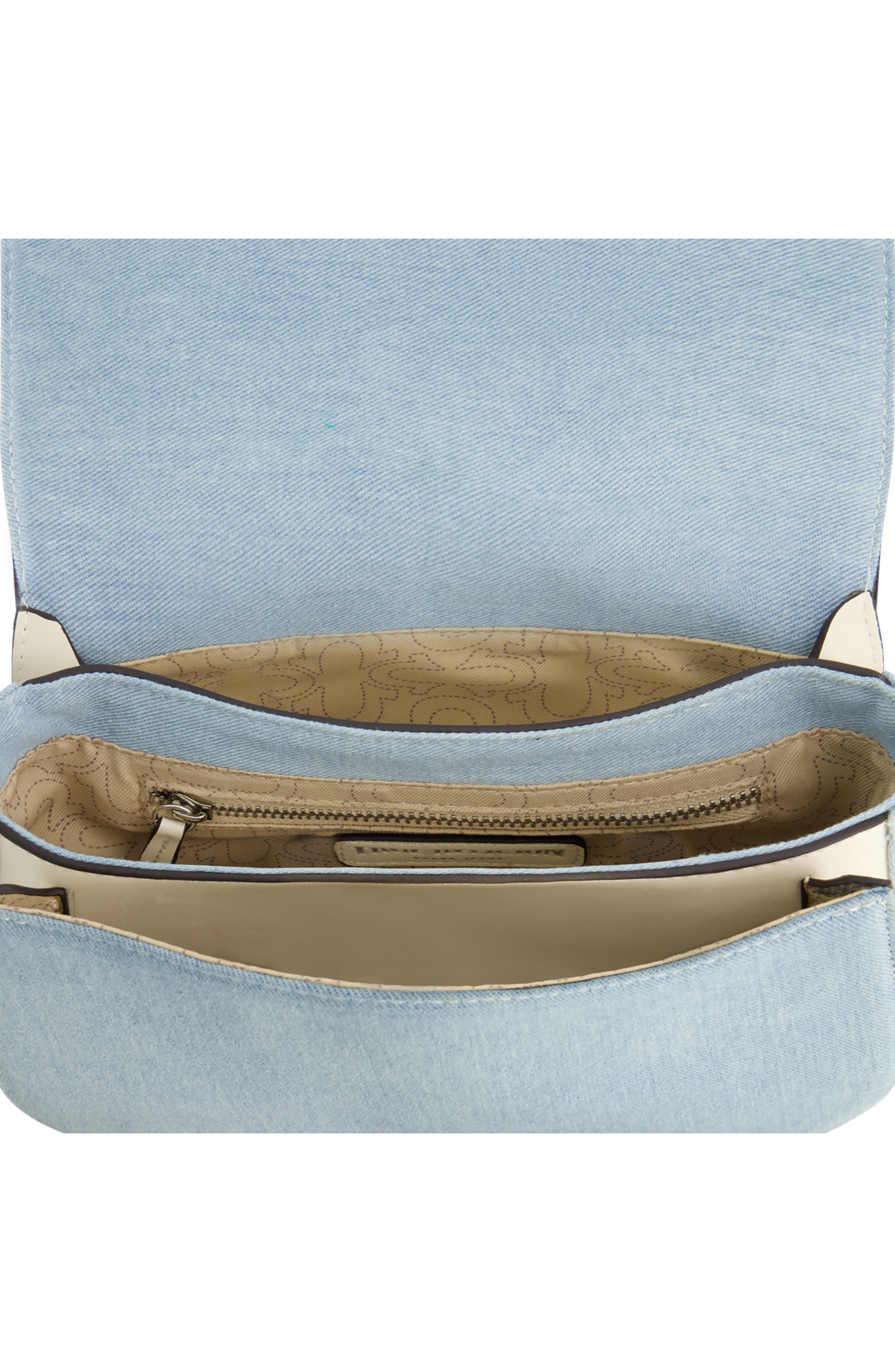 Distressed Logo Denim Saddle Bag, Alternate, color, LIGHT BLUE