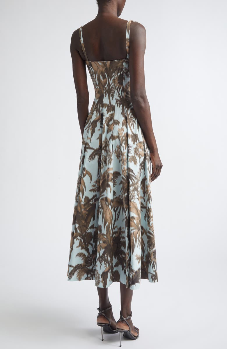 Oscar de la Renta Chiné Palm Leaves Cotton Poplin Sundress, Alternate, color, Brown/ Saltwater