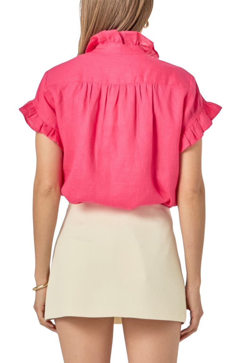 Ruffle Trim Linen Button-Up Shirt, Alternate, color, FUCHSIA