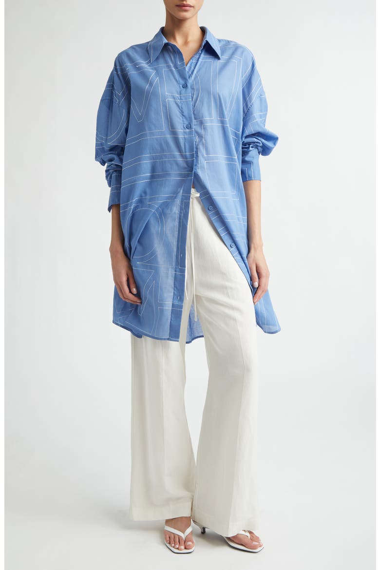 Embroidered Oversize Long Sleeve Cotton & Lyocell Voile Shirtdress, Alternate, color, COBALT