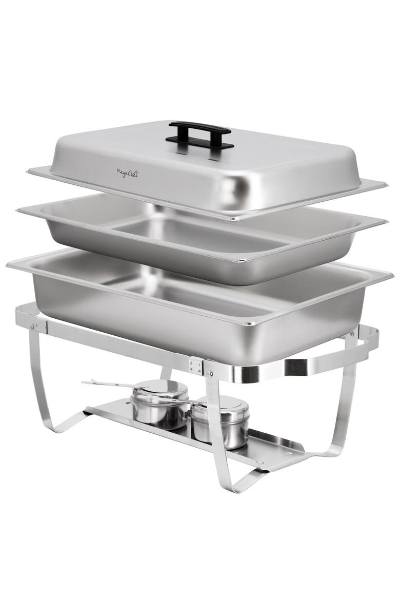 Megachef 9.5 Quart Foldable Stainless Steel Professional Chafing Dish/Food Warmer/Buffet Server Serving Trays, Set of 4, Alternate, color, Silver