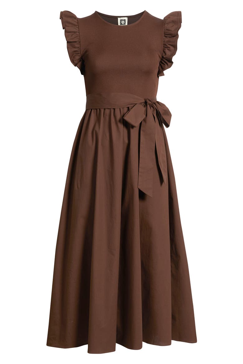 Ruffle Mixed Media Midi Dress, Alternate, color, DARK CHOCOLATE