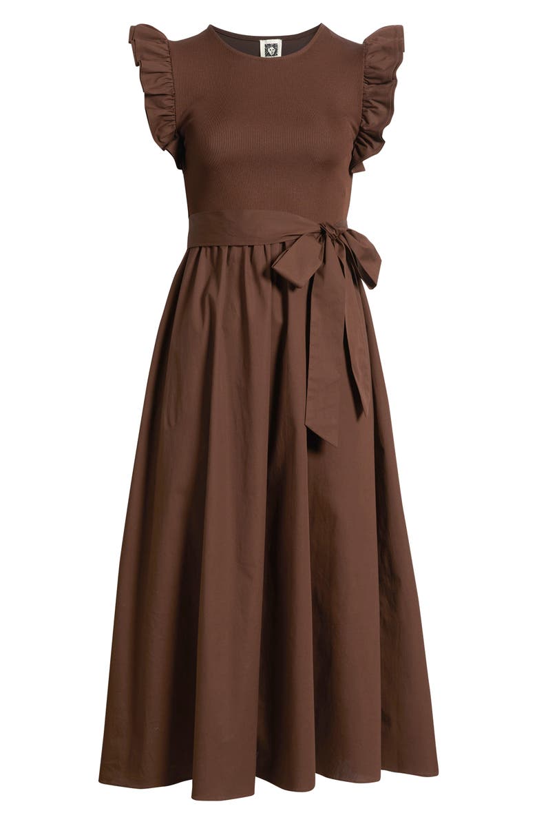 Anne Klein Ruffle Mixed Media Midi Dress, Alternate, color, Dark Chocolate