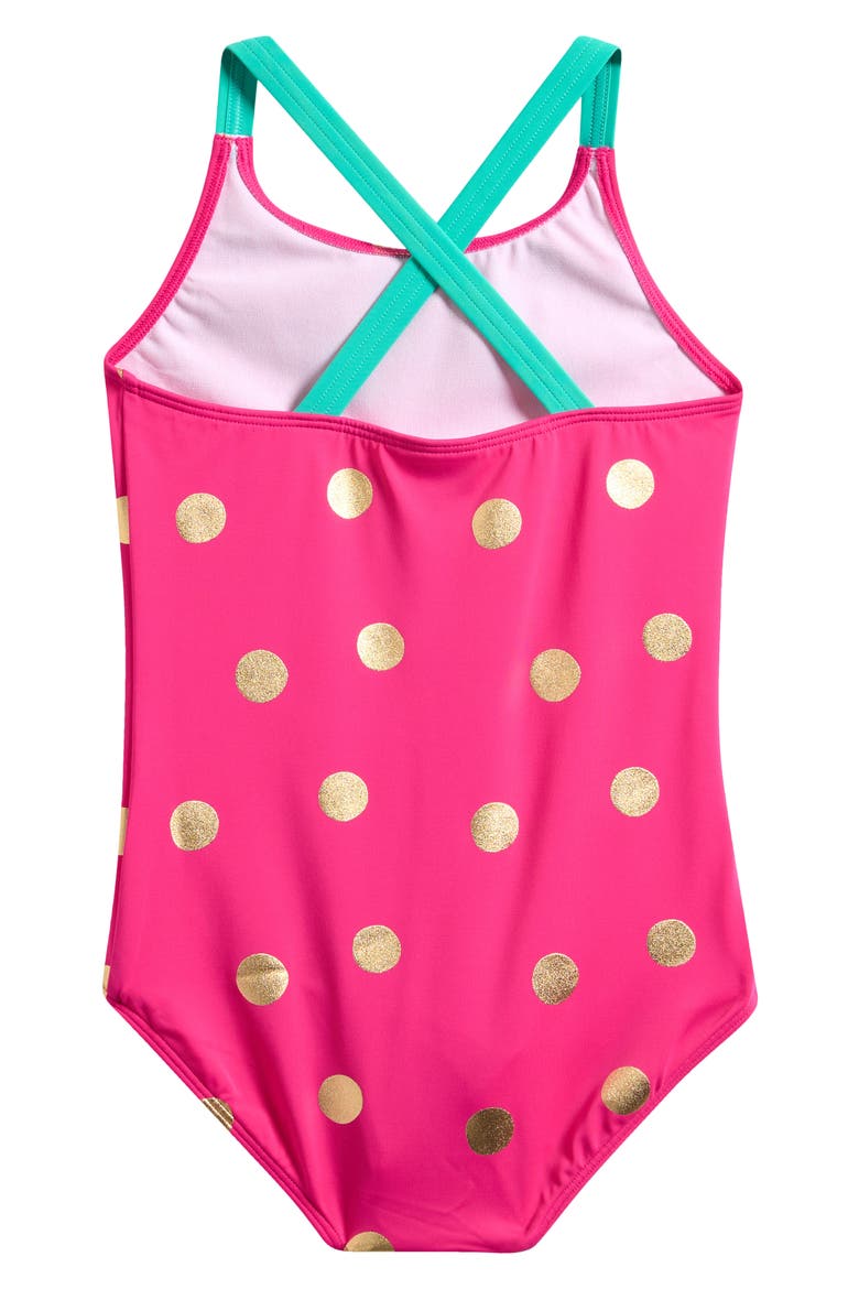 Kids' Polka Dot Crisscross Strap One-Piece Swimsuit, Alternate, color, FUCHSIA PINK, GOLD FOIL SPOT