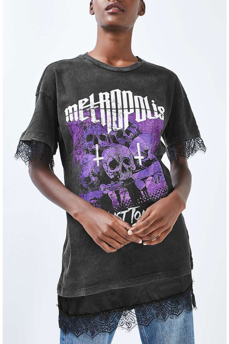 Lace Hem Graphic Tee, Main, color, WASHED BLACK MULTI