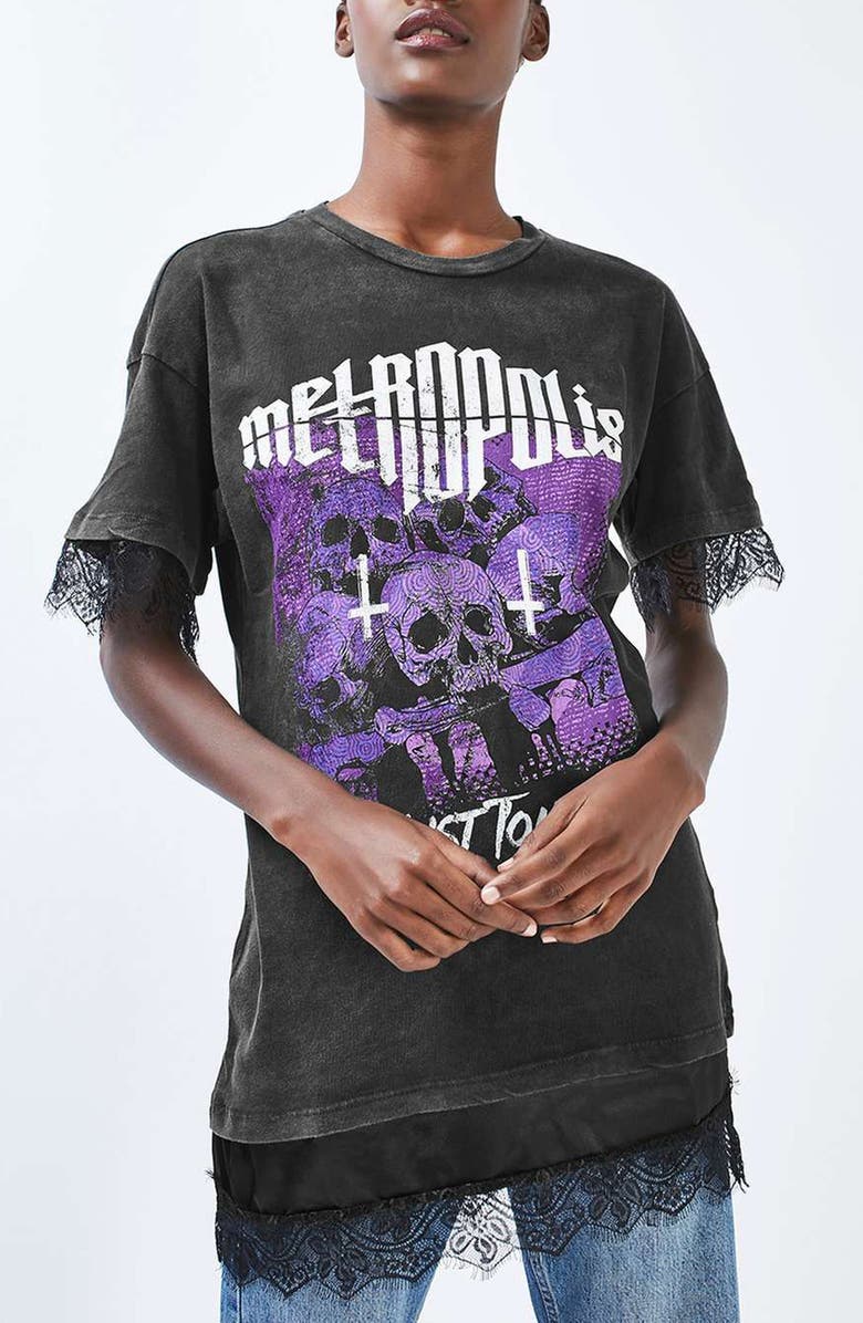 Topshop Lace Hem Graphic Tee, Main, color, 