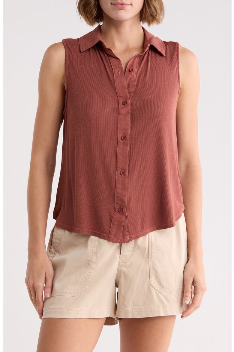 Mixed Sleeveless Button Down Shirt, Main, color, BEACHWOOD