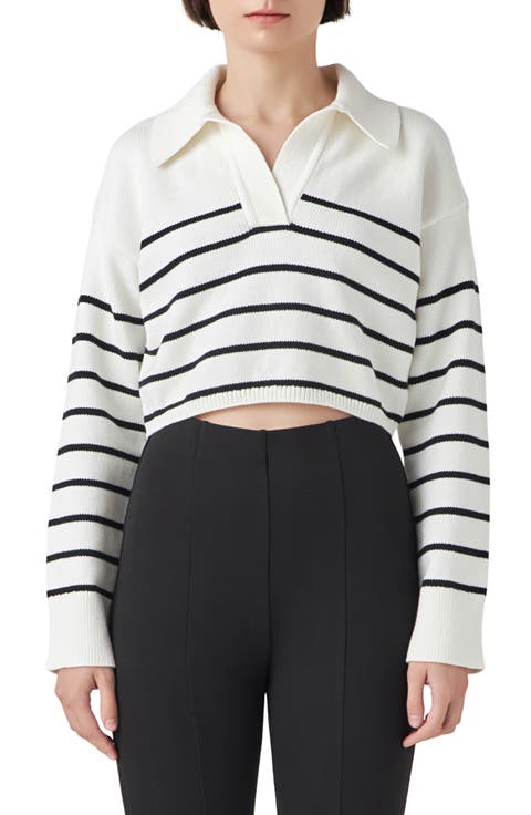 Stripe Cotton Blend Crop Sweater