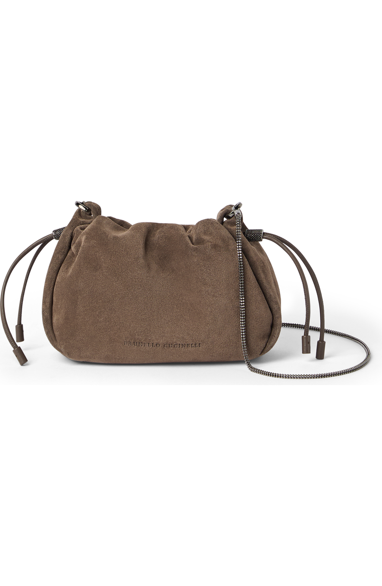 Brunello Cucinelli Suede mini Mellow Bucket bag, Main, color, Light Brown