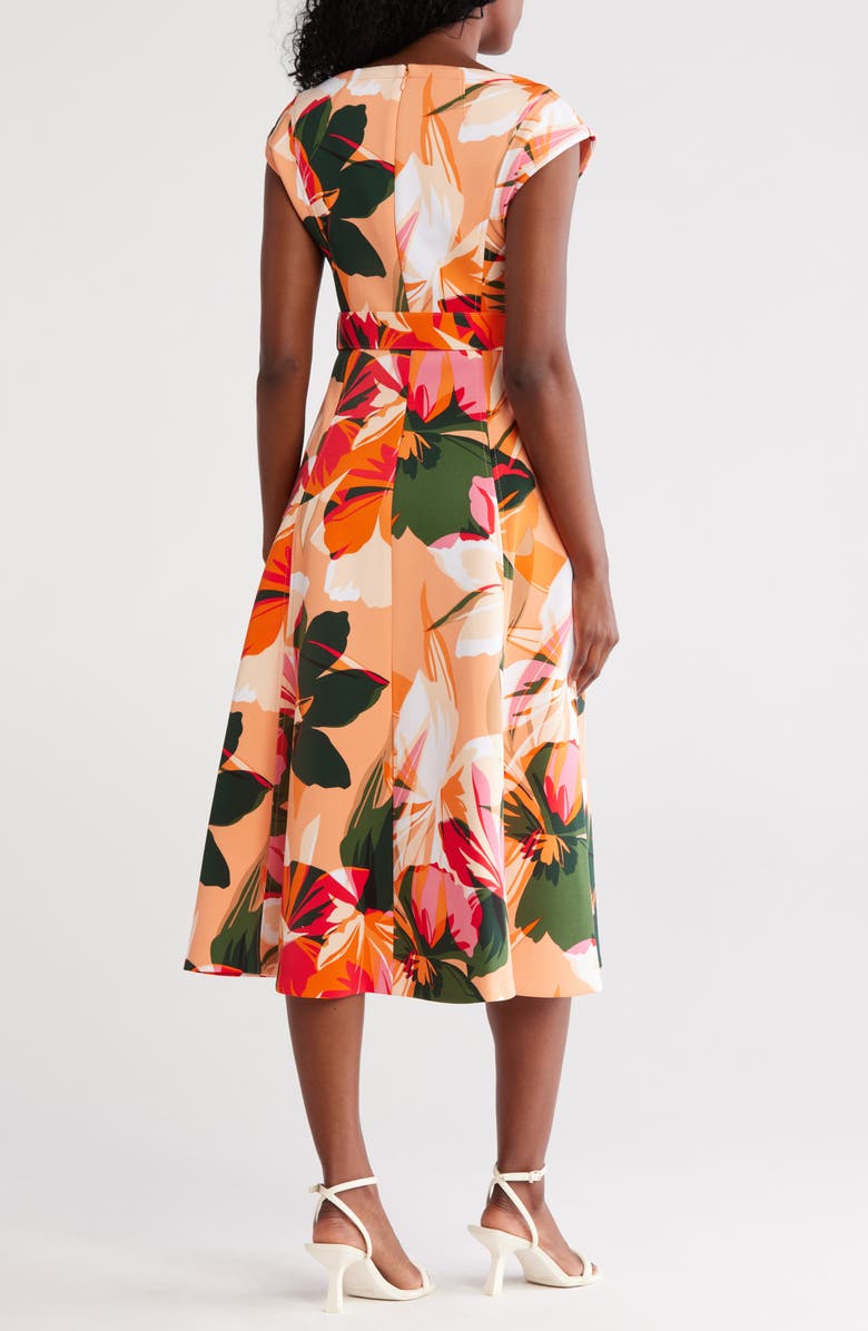 Calvin Klein Tropical Floral V-Neck Belt Midi Dress, Alternate, color, Papaya Multi