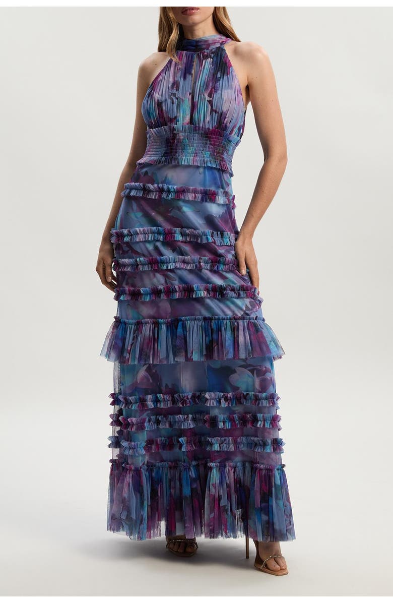 Karen Millen Tulle Layered Halter Neck Maxi Dress, Alternate, color, Floral