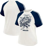WEAR by Erin Andrews Women's WEAR by Erin Andrews White Dallas Cowboys Sleeve Stripe Distressed Raglan T-Shirt