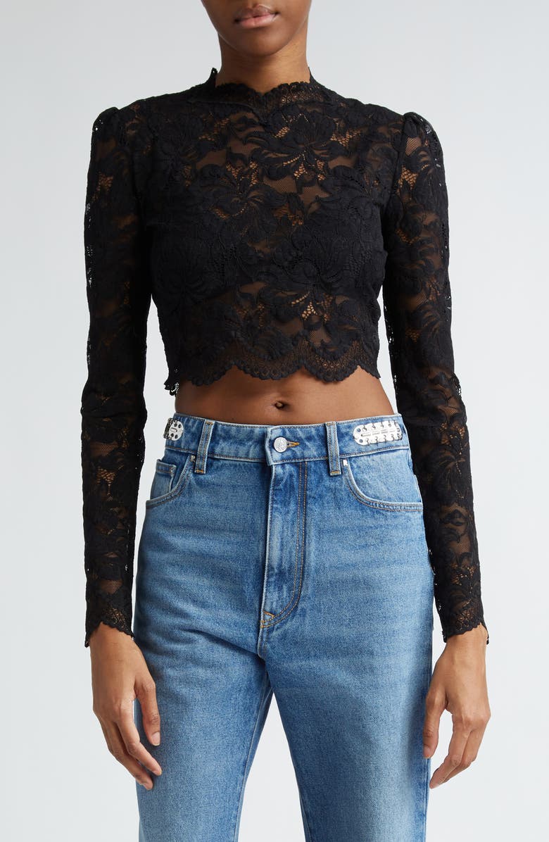 Rabanne Long Sleeve Stretch Lace Crop Top, Main, color,