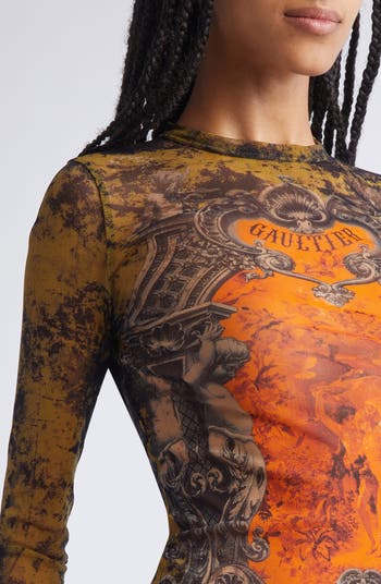 Medallion Print Long Sleeve Mesh Body-Con Dress