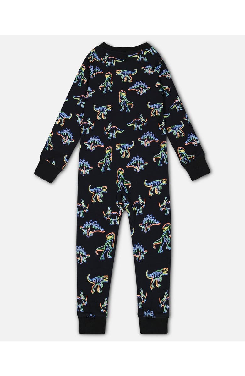 Deux par Deux Boy's Organic Cotton One Piece Pajama Black Printed Neon Dino, Alternate, color, 