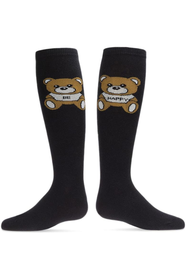 Be Happy Bear Knee High Socks, Main, color, Black