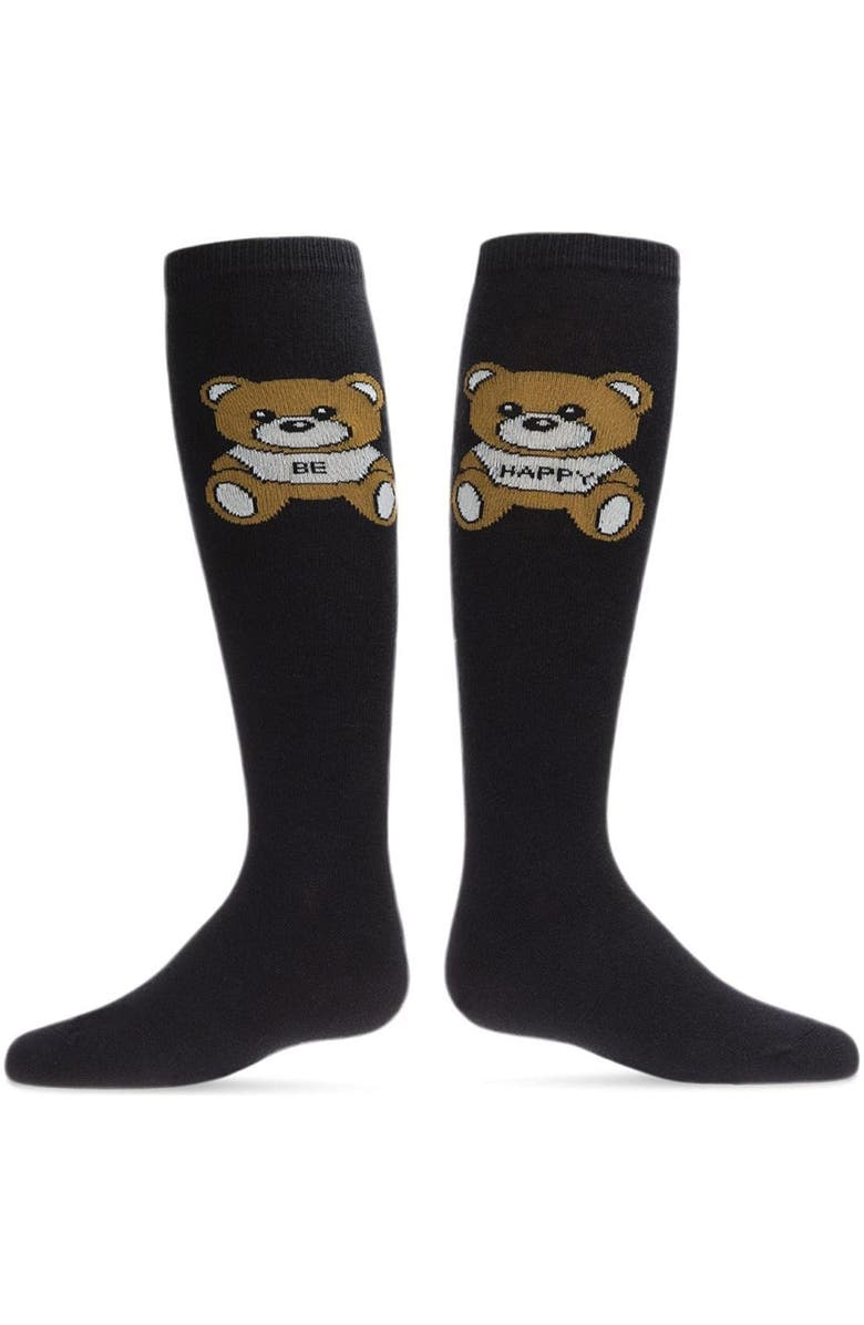 MeMoi Be Happy Bear Knee High Socks, Main, color, Black