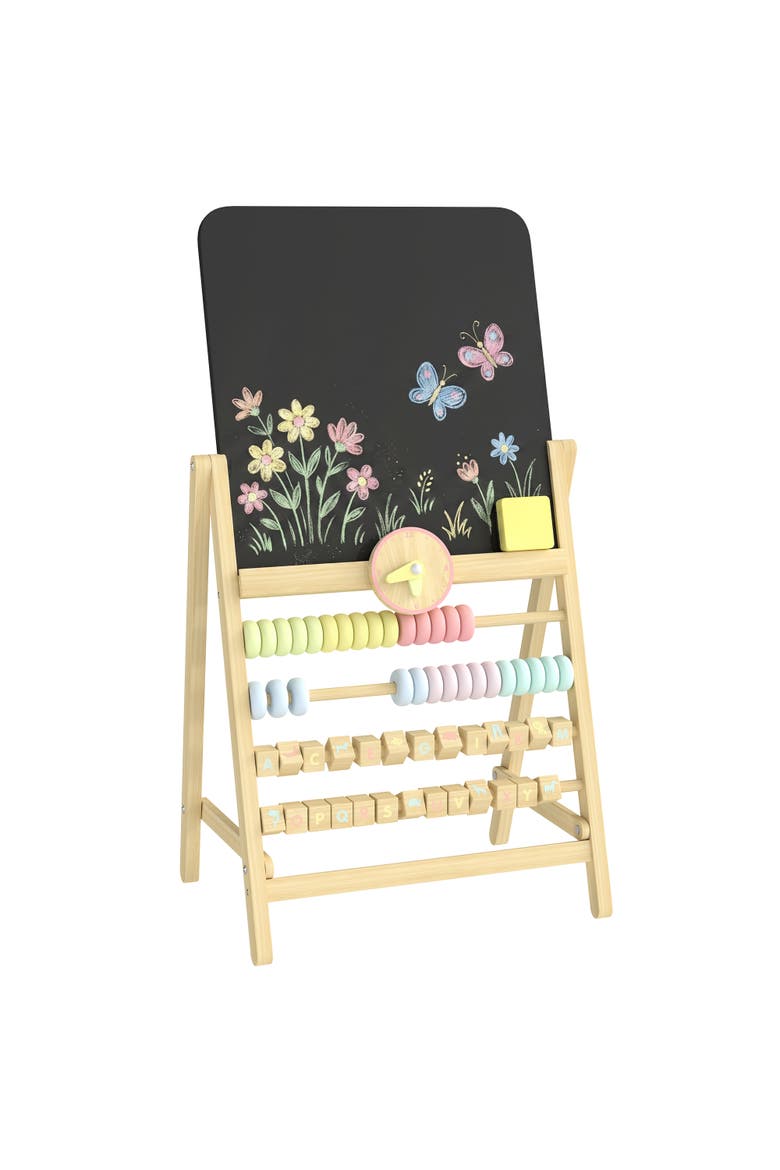 Kids Wooden Art Easel, Double-Sided Chalkboard, Clock & Abacus, Natural, Main, color, Natural wood finish