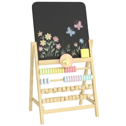 Kids Wooden Art Easel, Double-Sided Chalkboard, Clock & Abacus, Natural