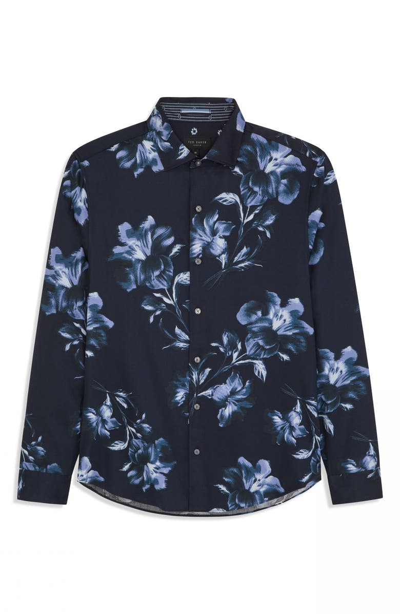 Ted Baker Soren Digital Floral Print Stretch Cotton Dress Shirt, Alternate, color, Blue Nights