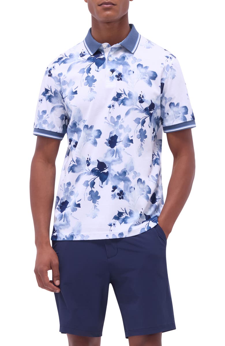 Bugatchi Tipped Floral Pima Cotton Polo, Main, color, Steel
