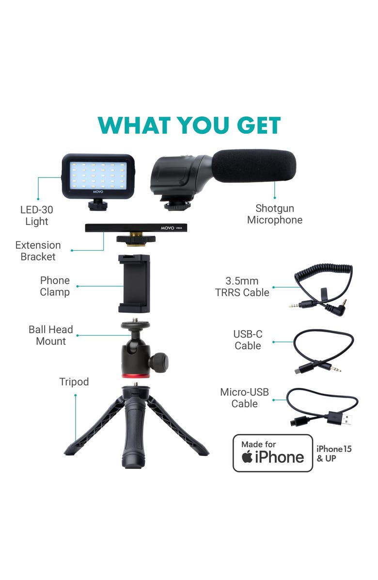 MOVO uVlogger Vlogging Kit for iPhone 15 and up with Light, Mic, Phone Mount, Tripod, Alternate, color, Black