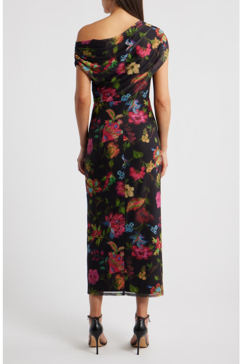 Floral One-Shoulder Mesh Maxi Dress, Alternate, color, BLACK