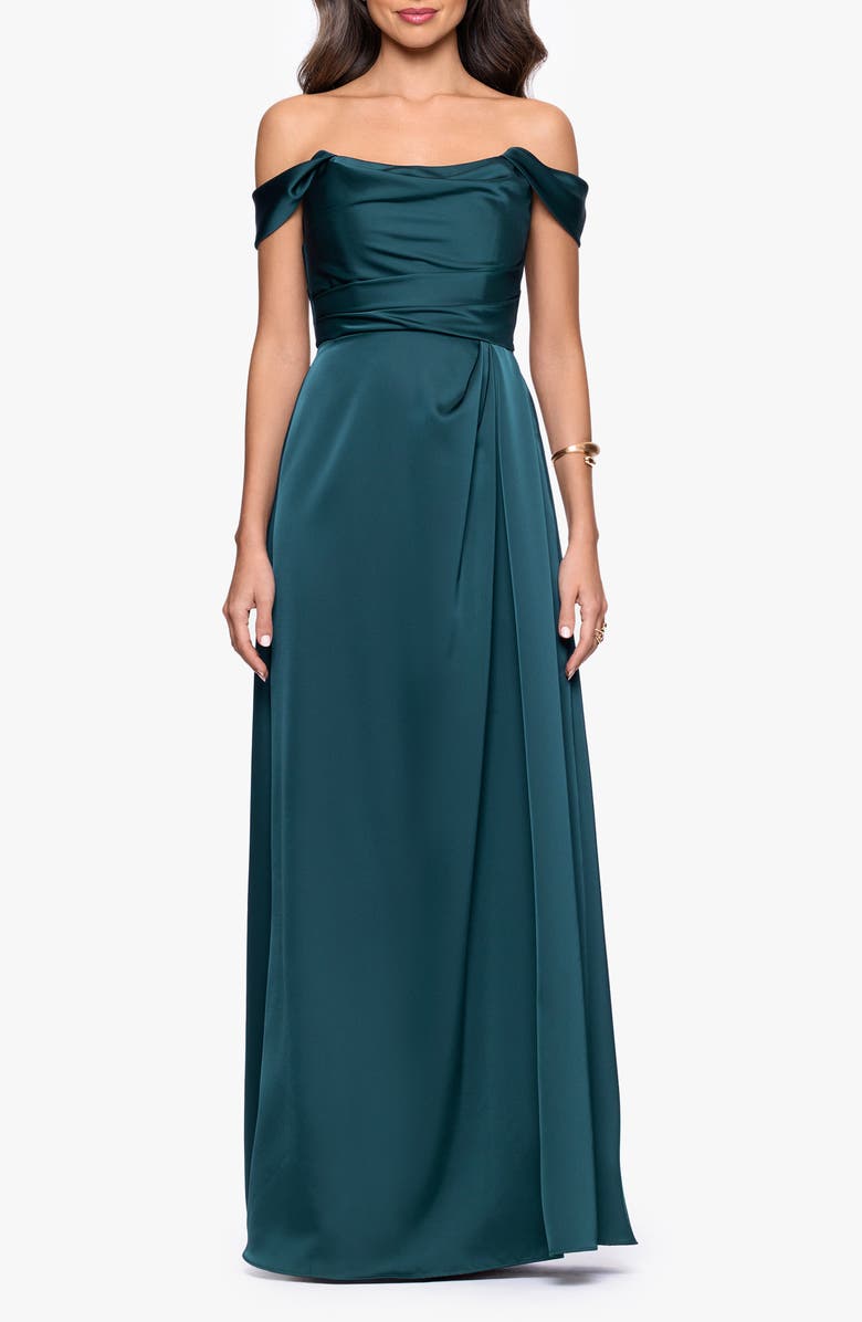 Betsy & Adam Heather Off the Shoulder Satin Gown, Main, color, Pine