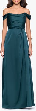 Betsy & Adam Heather Off the Shoulder Satin Gown