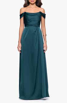 Betsy & Adam Heather Off the Shoulder Satin Gown