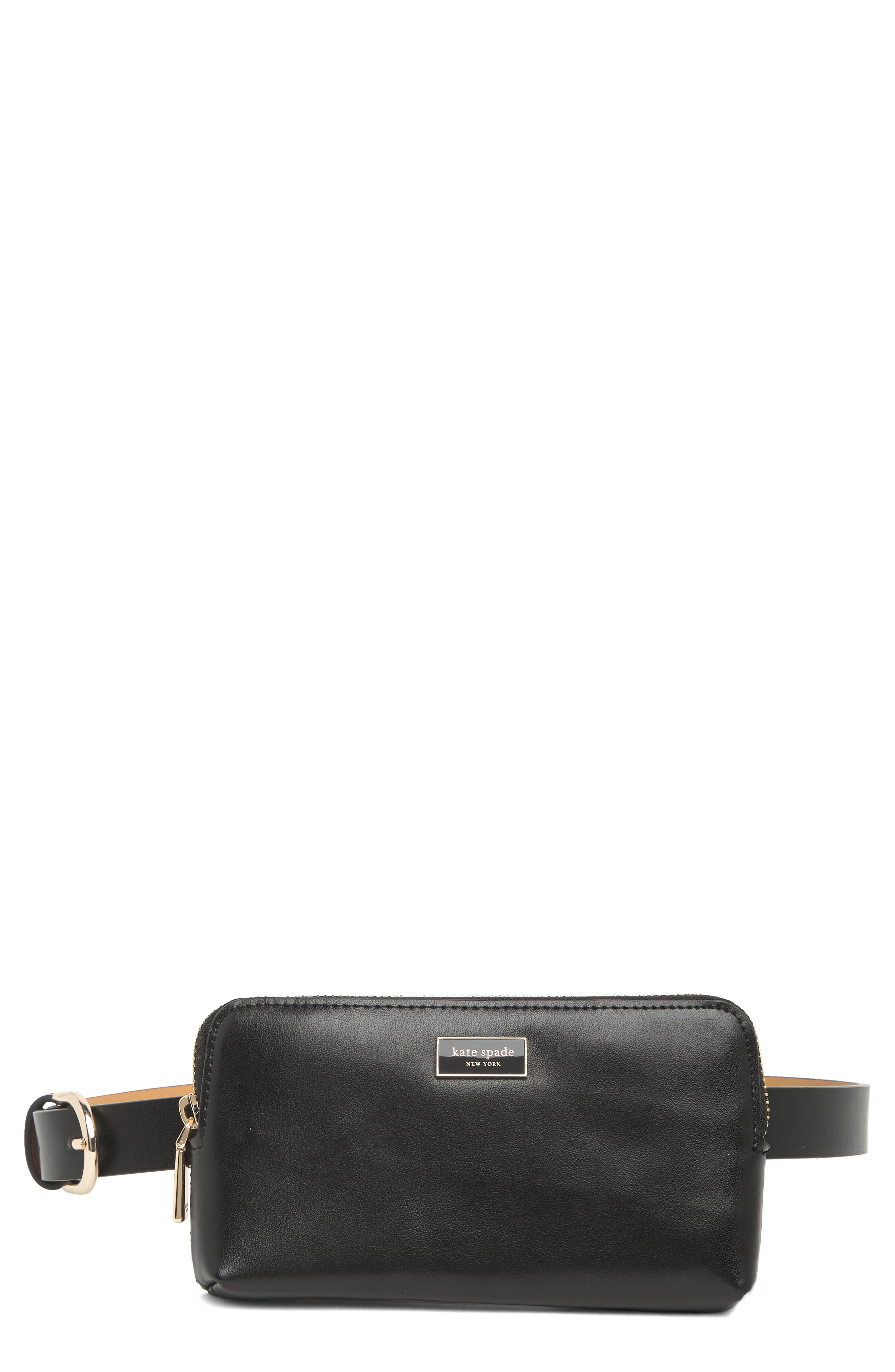 zip top leather belt bag, Main, color, BLACK