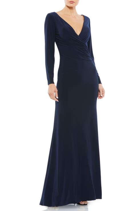 Long Sleeve Ruched Jersey V-Neck Gown