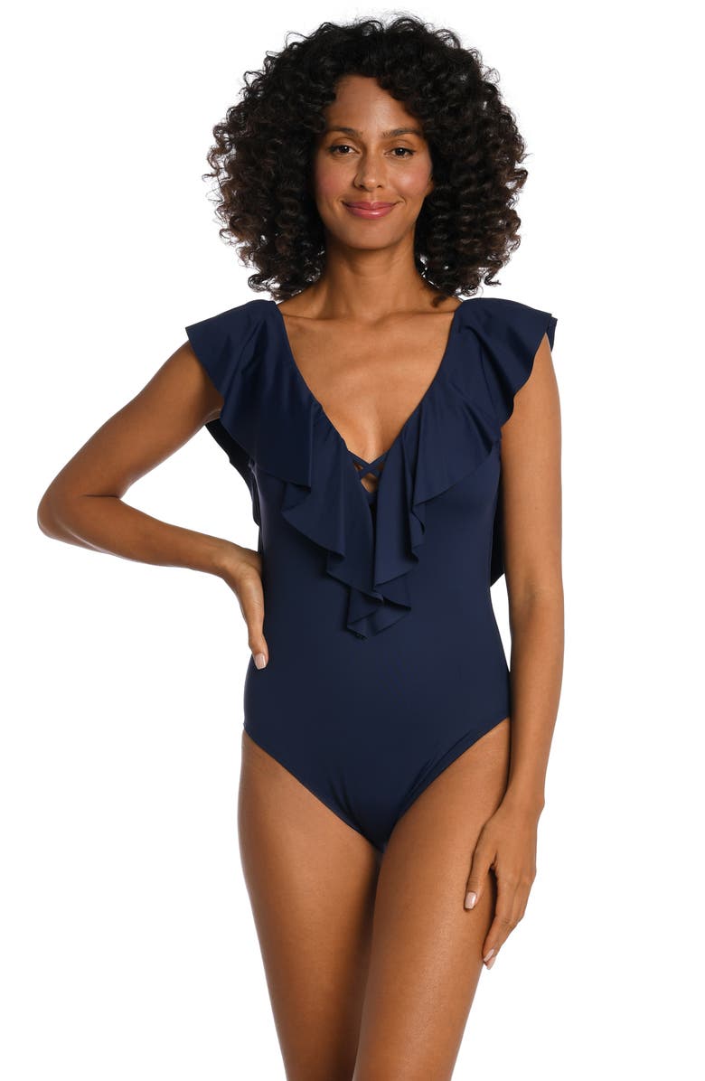 La Blanca Ruffle Plunge One-Piece Swimsuit, Alternate, color, Indigo