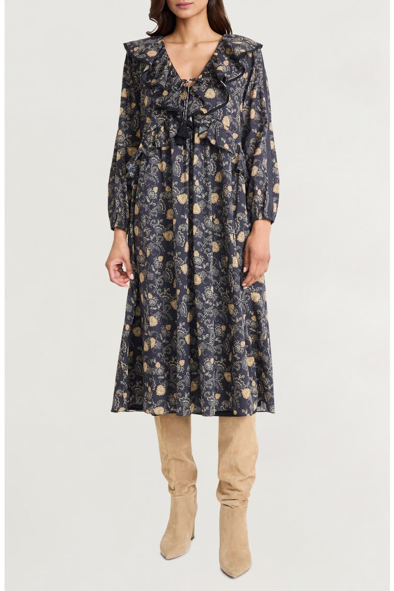 Ruffle Floral Print Long Sleeve Cotton Midi Dress, Main, color, BLACK/ TAUPE/ CREAM