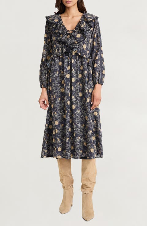 Ruffle Floral Print Long Sleeve Cotton Midi Dress