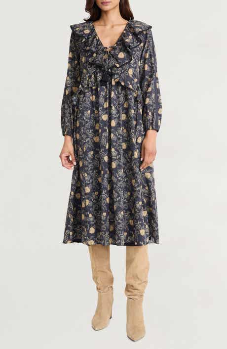 The Good Journey Ruffle Floral Print Long Sleeve Cotton Midi Dress