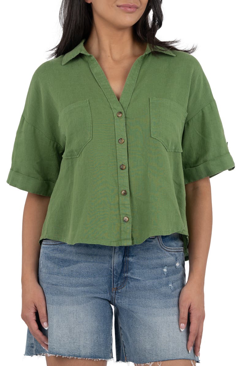 KUT from the Kloth Breland Boxy Linen Blend Button-Up Shirt, Main, color, Green
