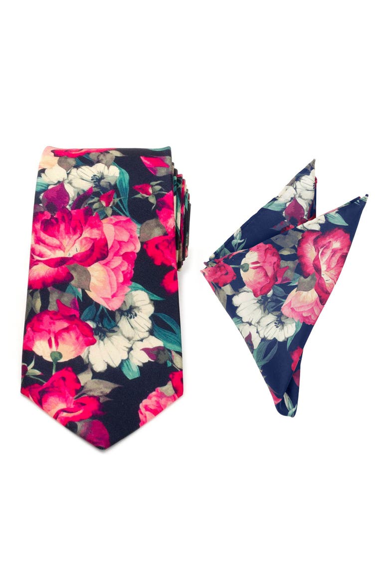 Floral Silk Tie & Pocket Square, Main, color, NAVY
