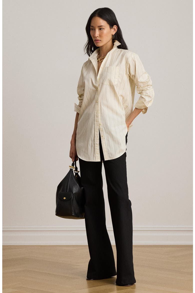 Broadcloth Cotton Button-Up Shirt, Alternate, color, CREAM/ BLACK
