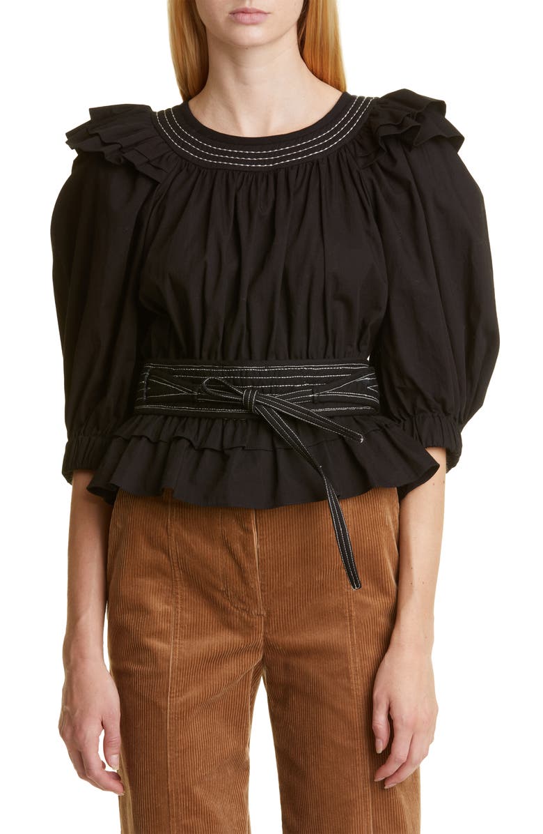 Sea Sibylle Puff Sleeve Cotton Peplum Top, Main, color,
