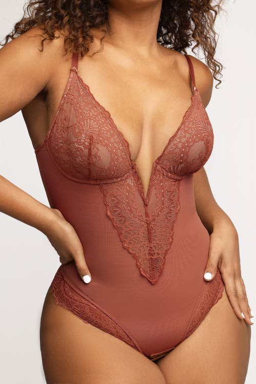 Popilush Shapewear Lace Deep V-neck Sculpting Thong Bodysuit In Chocolate