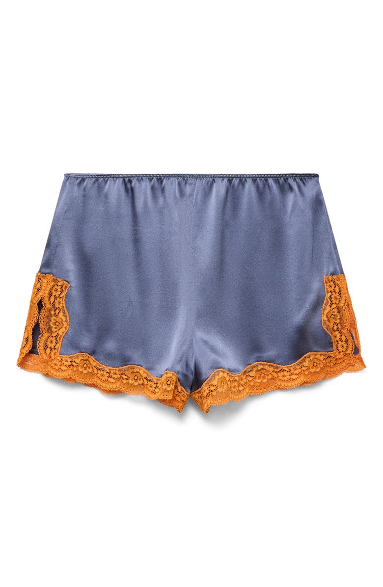 MANGO Contrast Lace Trim Stretch Silk Pajama Shorts, Alternate, color, Ink Blue
