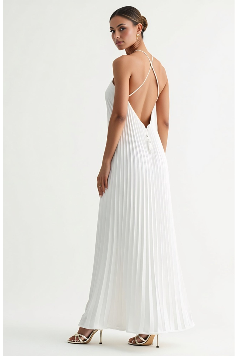 Backless Pleated Crisscross-Strap Maxi Dress, Alternate, color, White