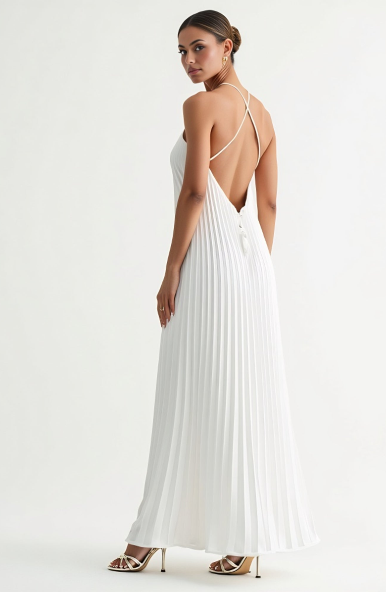 Modenaire Backless Pleated Crisscross-Strap Maxi Dress, Alternate, color, 