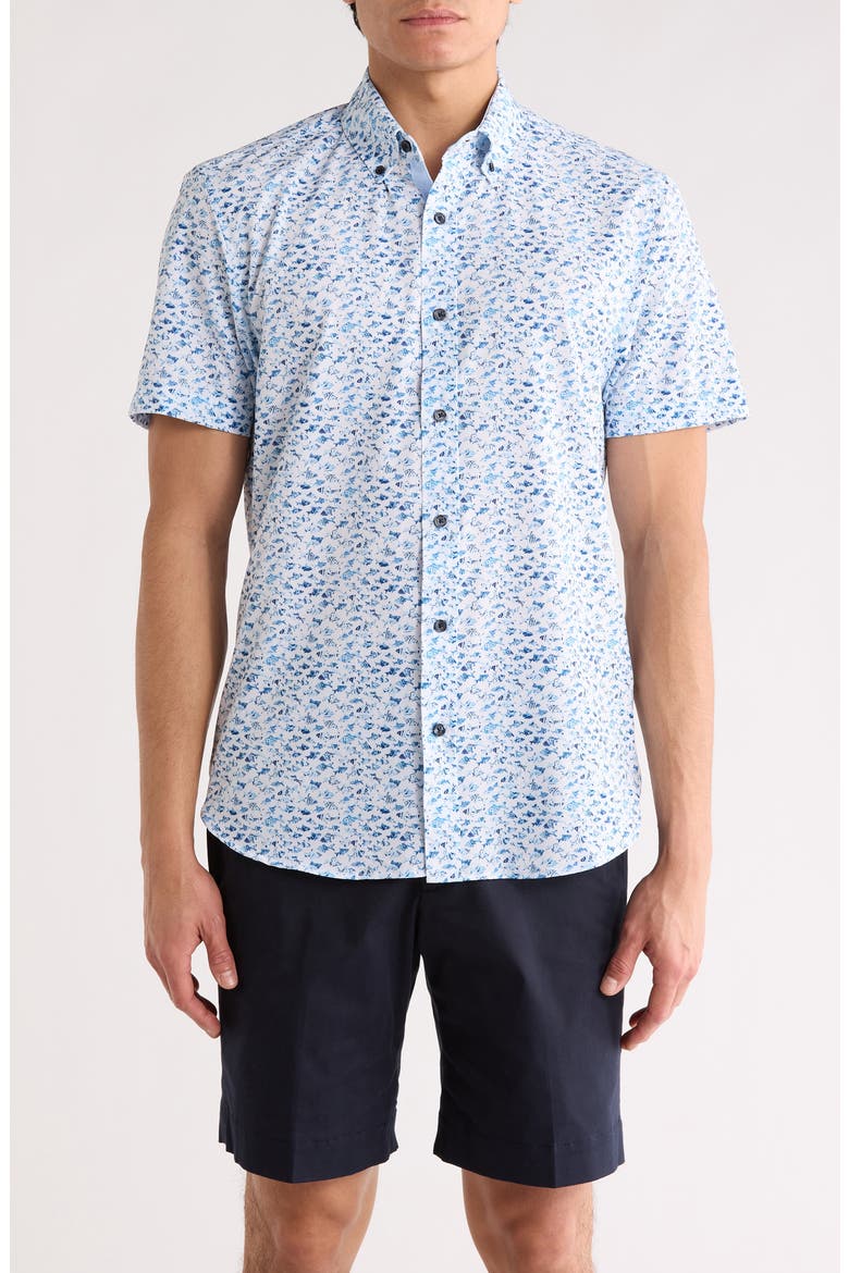 Slim Fit Fish Floral Print Short Sleeve Button-Down Shirt, Main, color, WHITE/ TEAL